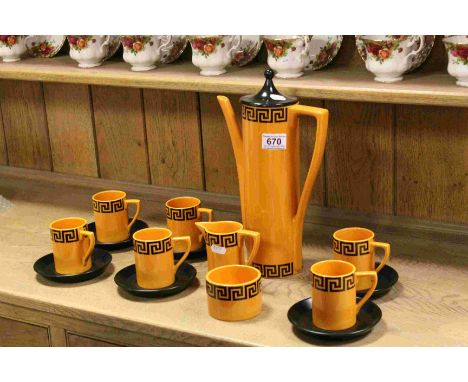 Portmeirion Orange and Black ' Greek Key ' Coffee Set comprising Coffee Pot, Milk, Sugar and Six Coffee Cans and Saucers
