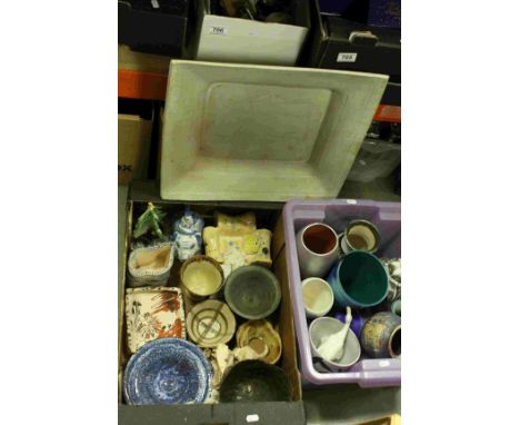 Two Trays of Studio Pottery Items including a Large Studio Pottery Square Plate signed to back Beth McD together with Nao Goo