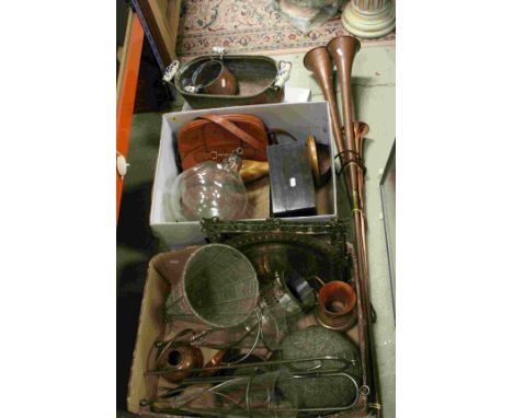 Three Long Copper Coaching Horns, Copper Long Planter with Ceramic Handles, other Copperware, Wooden Boxes, Collectors Plates