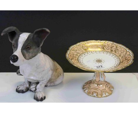 19th Century gilded ceramic fruit bowl or cake stand and a contemporary model of a Jack Russell 