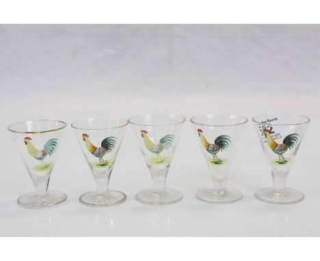 Five Art Deco style drinking glasses with enamel Cockrel decoration