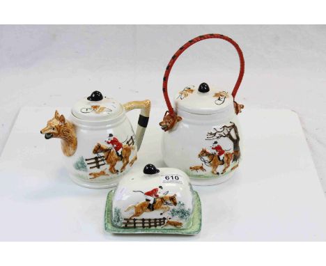 Hunting themed ceramic Teapot, Biscuit Barrel & covered Butter Dish, marked to base "P.C.C England"