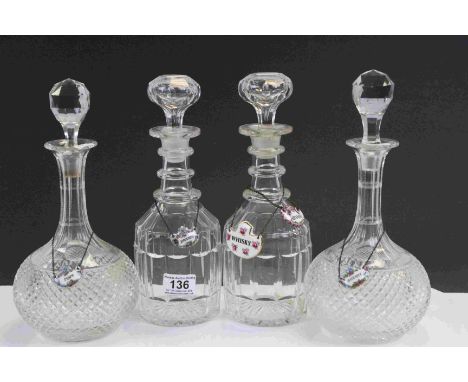 Four vintage cut glass Decanters with stoppers and five vintage Decanter wine labels to include an Enamel example plus Two Sq