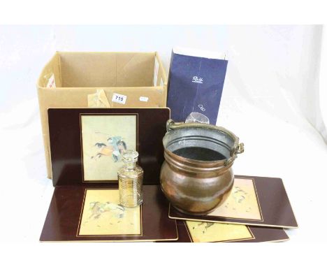 Copper Pot with Brass Handles, Glass Decanters, Glass Bowls, Limogue Trinket Box, Boxed Ruckl Crystal Set of Six Goblets, etc