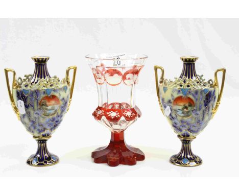 Pair of twin handled Continental ceramic Vases with hand painted decoration and a Bohemian cut glass vase with Ruby flash ove