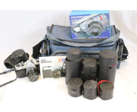 Camera Bag with Asahi Pentax SP 600 Camera and Six Cased Lenses together with Lubitel 166B,  Boxed Olympus Superzoom 110 Outf