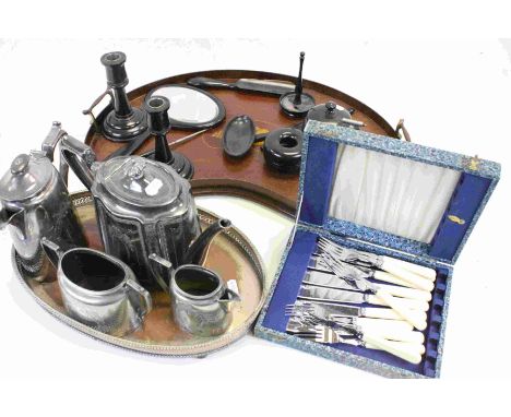 Edwardian Mahogany Inlaid Kidney Shaped Serving Tray, Ebony Dressing Table Set including a Ring Holder with Silver Plaque, Si