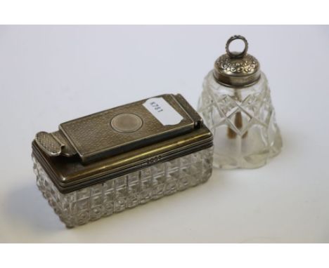 Victorian silver topped cut glass inkwell, engine turned decoration with circular blank cartouche to screw down lid, makers G