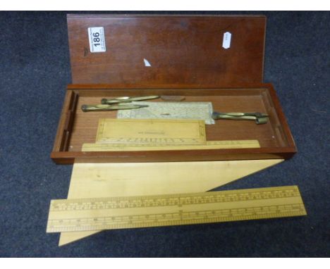 Wooden cased set of rulers and geometry equipment, some items engraved Spottiswoode & Co Ltd Eton