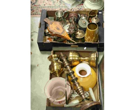 Box of Mixed Light Fittings and a Box of Metal Ware, Spelter Figure, Sylvac Vases, etc