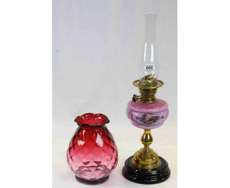 19th Century Oil lamp with Painted pink Glass reservoir and Red glass shade