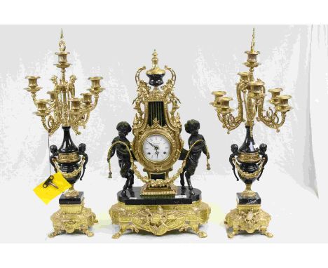 Reproduction Italian "Imperial" clock in Brass and Marble with six branch Candlestick garnitures