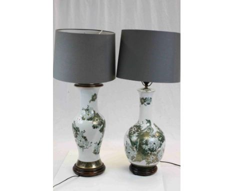 Two large ceramic Vase style Lamps with Peacock decoration