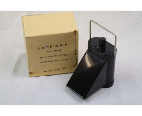 A World War Two Era A.R.P. Air Raid Patrol Wardens Bicycle Lamp With Hood In Original Issue Box.