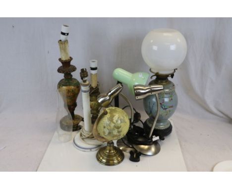 Small Globe on Gilt Metal Stand, Early 20th century Ceramic Oil Lamp and Six Table Lamps