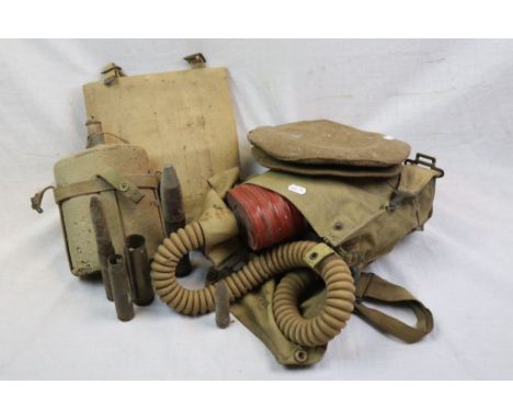 A Mixed Collection Of Militaria To Include A WW2 Gas Mask With Original Bag (Dated 1940), Water Flask With Webbing Straps, Ma