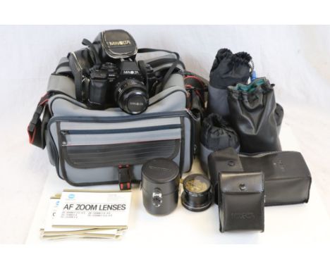 Camera Bag with Cased Minolta 9000 Camera and Four Minolta Lenses in Soft Protective Bags plus a Box containing Minolta Camer