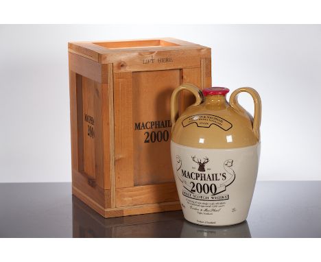 MACPHAILS 2000 
Malt Scotch Whisky. A vatting of rare malts, aged a total of 2000 years. 2 Litre, 70 proof. In ceramic flagon