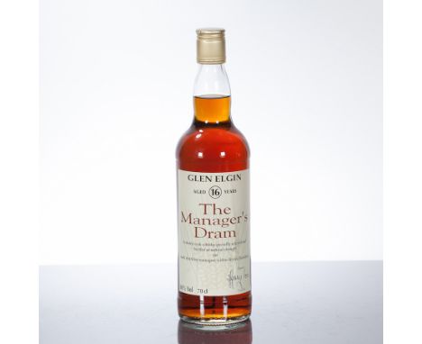 GLEN ELGIN 16 YEAR OLD MANAGER'S DRAM 1993
Single Highland Scotch Whisky bottle 31 October 1993. 70 cl, 60% volume.