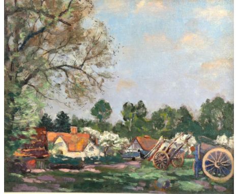 Franklin White (1892 - 1975), oil on panel, cottages and carts at Eastcote, unsigned with label of provenance verso, 25cm x 3