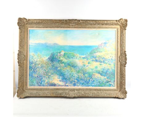 P Hankin, oil on canvas, Continental coast, signed, 60cm x 90cm, framedA light canvas impression mark in the sky near top rig