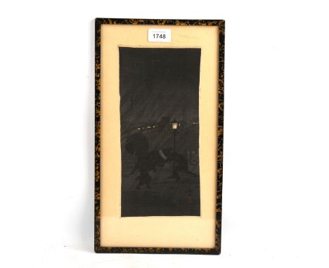 Japanese woodblock print, figures in a storm, early 20th century, 29cm x 14cm, framedGood condition, backing paper is slightl