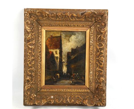 18th century oil on wood panel, French town scene, unsigned, 20cm x 15cm, framedEven age-related craquelure all over the pict