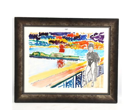 John Bratby (1928 - 1992), watercolour, The Grand Hotel Brighton terrace with the promenade, the West Pier, the sunset and a 