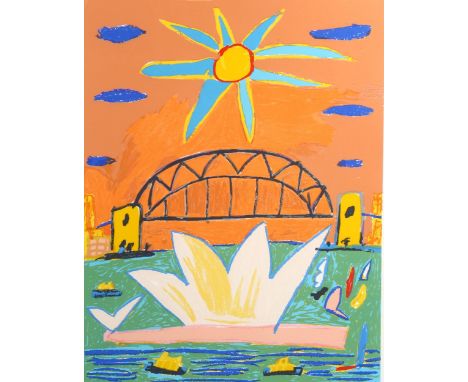 Ken Done (Australian, born 1940), print, Sydney Harbour Bridge and Opera House, signed in pencil, 1996, no. 21/99, image 51cm
