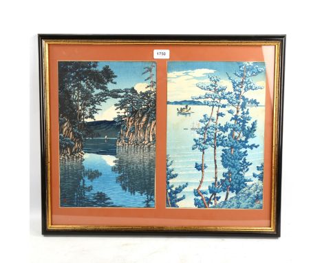 Hasui, pair of colour woodblock prints, lake scenes, 37cm x 24cm, mounted in common frameVery light stain on right-hand image
