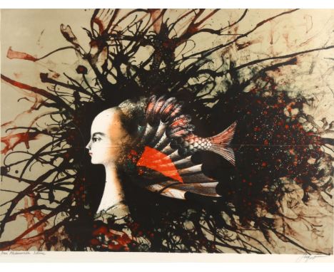 Pierre Jacquot (French, 1929 - 2009), lithograph, surrealist face, signed in pencil, image 48cm x 66cm, framedA few light fox