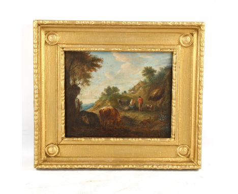 18th century oil on wood panel, pastoral scene, unsigned, 20cm x 24cm, framedLight craquelure in the dark areas on the bottom
