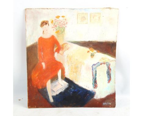 Sylvia Levine (1911 - 1998), oil on board, woman in the bedroom with portrait verso, 35cm x 32cm, unframedGood condition 