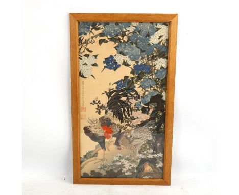 Japanese colour woodblock print, cockerels with text inscription, late 19th or early 20th century, 37cm x 20cm, framedVery sl