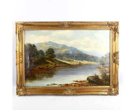 19th century oil on canvas, fisherman in extensive Highland landscape, unsigned, 50cm x 75cm, framedA number of small patch r