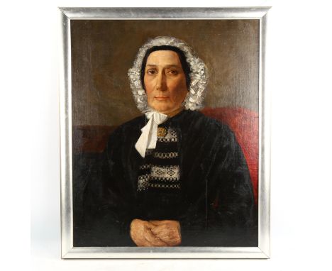 19th century Welsh School, oil on canvas laid on board, portrait of a woman in Welsh costume, unsigned, 72cm x 60cm, framedGo