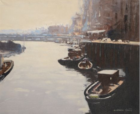 William Norman Gaunt (1918-2001) A dockland Signed, oil on canvas, 49cm by 59cm Provenance: T.B. &amp; R Jordon, North Yorksh
