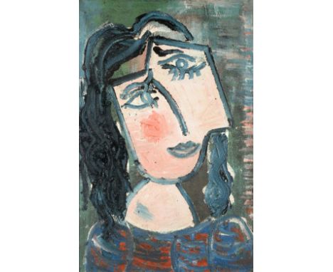 Joash Woodrow (1927-2006) ''Portrait of a Young Woman on a Green Background'' Oil on sackcloth, circa 1965/70, 141.5cm by 91.