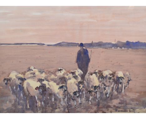 William Norman Gaunt (1918-2001) Shepherd herding a flock of sheep Signed, watercolour, 49.5cm by 67cm Provenance: T.B. &amp;