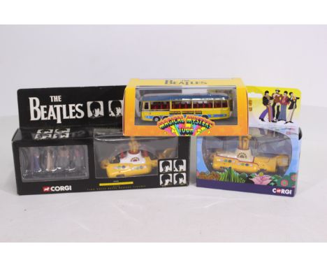 Corgi - The Beatles - 3 x models, Yellow Submarine with figures # 05403, Bedford Magical Mystery Tour Bus # CC42418 and Yello