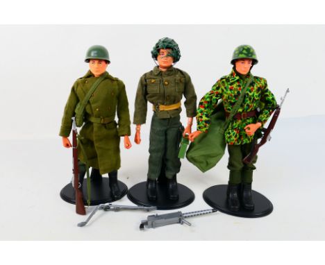 Palitoy - Action Man - 3 x vintage flock hair Action Man figures on stands. They have some replacement parts, most of the clo