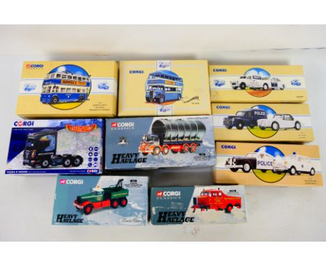 Corgi - 9 x boxed models and sets including South Wales Police set # 97722, Guy Arab in Birkenhead Corporation livery # 97199