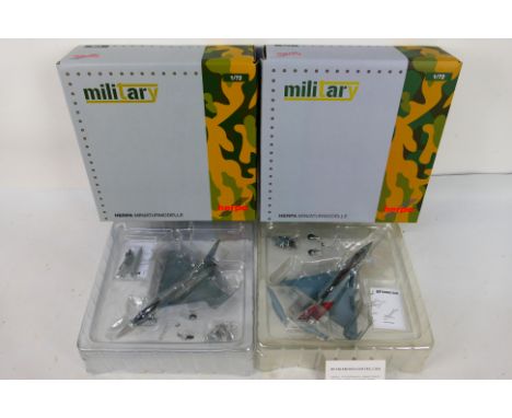 Herpa - Two boxed diecast 1:72 scale Eurofighter Typhoon models from Herpa Military. Lot consists of Herpa 580281 RAF Eurofig