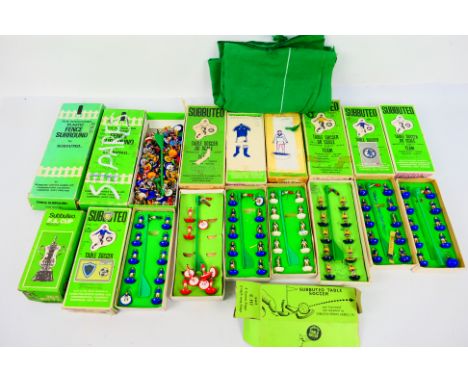 Subbuteo - 8 x boxed teams and three empty boxes plus a gaming mat. Some of the players have damage and losses, most are in V