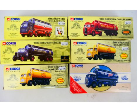 Corgi - 6 x brewery trucks in 1:50 scale including Leyland tanker in Youngers livery # 24301, 2 x Leyland tankers in Double D