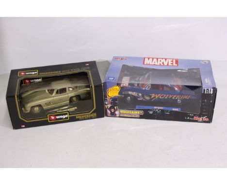 Maisto - Bburago - Marvel - 2 x boxed cars in 1:18 scale, a Wolverine edition 1962 Chevrolet # 36003 and a Mercedes Benz 300 