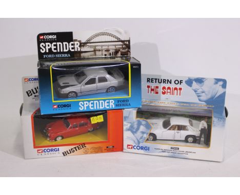 Corgi - 3 x TV related cars, The Saint Jaguar XJS # CC00301, Spender's Ford Sierra Sapphire Cosworth # 96012 and the Buster J