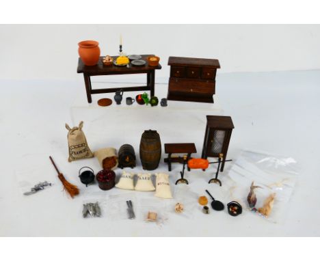 Tudor Time Miniatures by Norman Jones - 1:12 scale kitchen furniture comprising an artisan made 3 plank top table with all ta