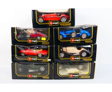 Bburago - Seven x boxed Diecast Metal models in 1:18 scale, #3006 Jaguar SS100 1937. #3020 Mercedes Benz 500K Roadster 1936. 