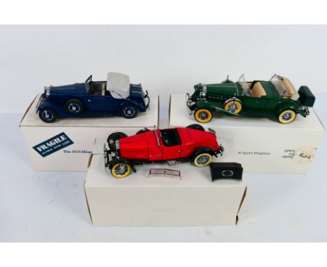 Franklin Mint - three 1:24 scale die-cast precision models of cars comprising 1928 Stutz Blackhawk Boattail Speeder in Red. 1